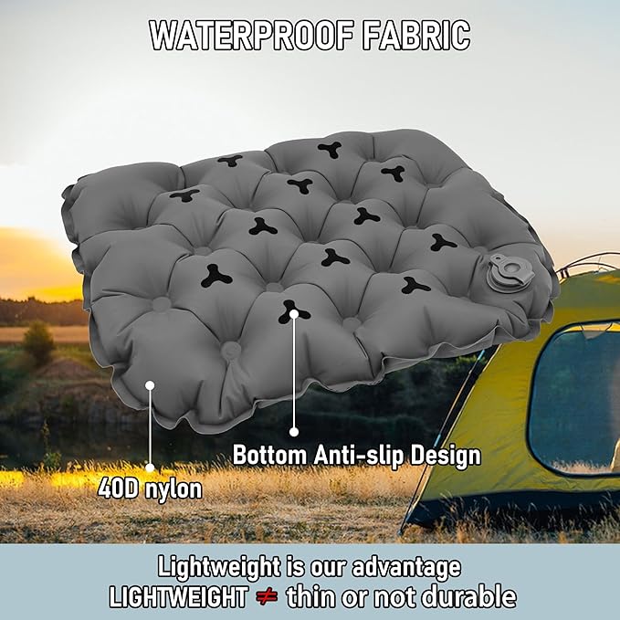 BreezCamp Inflatable Seat Cushion, Lightweight Stadium Seat Pad, Camping Accessories Chair Pad for Airplane Travel, Hiking, Climbing, Home and Office,Gray