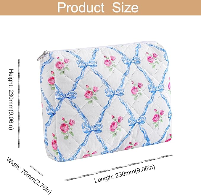 HHQQWZ Makeup Bag Travel Cosmetic Bag for Women Girls, Zipper Make Up Pouch, Floral Flowers Toiletry Organizer Makeup, Portable Storage Cosmetic Travel Cloth Bag (L/Blue Bowknot)