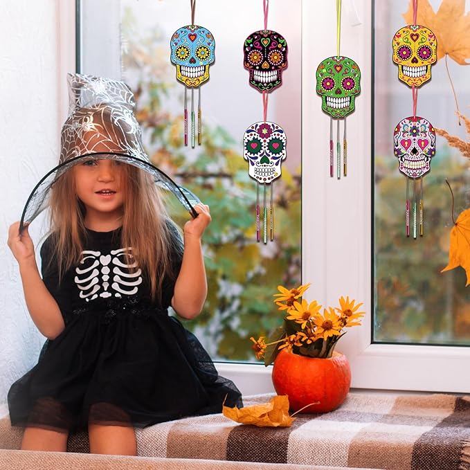 Fennoral 9 Pack Skull Wind Chime Kit for Kids Make You Own Day of The Dead Wind Chime Hanging Ornaments DIY Coloring Wooden Halloween Crafts for Boys Girls Halloween Party Decoration