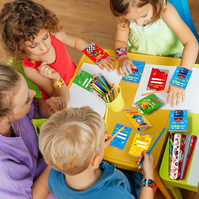 ANGOLIO 28 PCS Valentine's Day Race Cars Slap Bracelet with Gift Cards for School Greeting Gifts Exchange Valentine's Day Race Car Toys Set Classroom Prize Goodies Bag