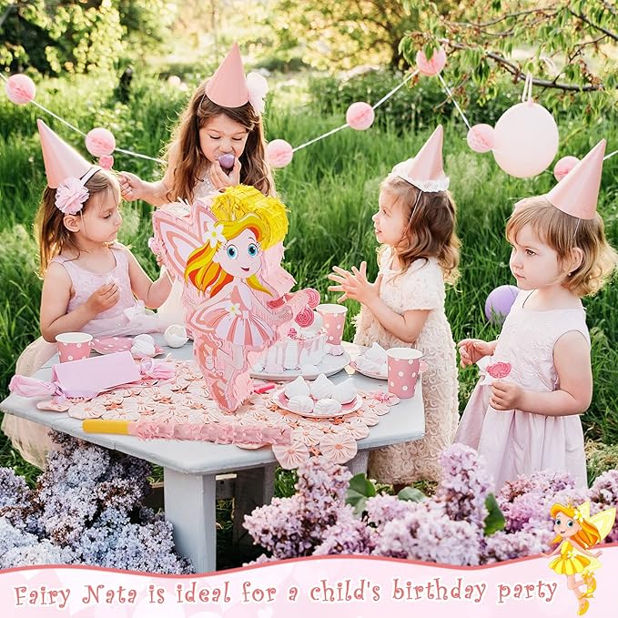 Lewtemi 4 Pcs Fairy Princess Piñata Set 15.7 x 12.5 x 3" Pink Piñata with Stick Blindfold Colorful Confetti, Small Piñata for Girl Princess Theme Birthday Party Supplies, Baby Shower, Kid Piñata Party