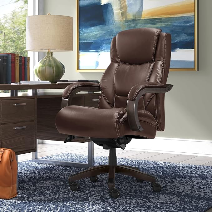 La-Z-Boy Delano Big & Tall Executive Office Chair | High Back Ergonomic Lumbar Support, Bonded Leather, Brown with Weathered Gray Wood |