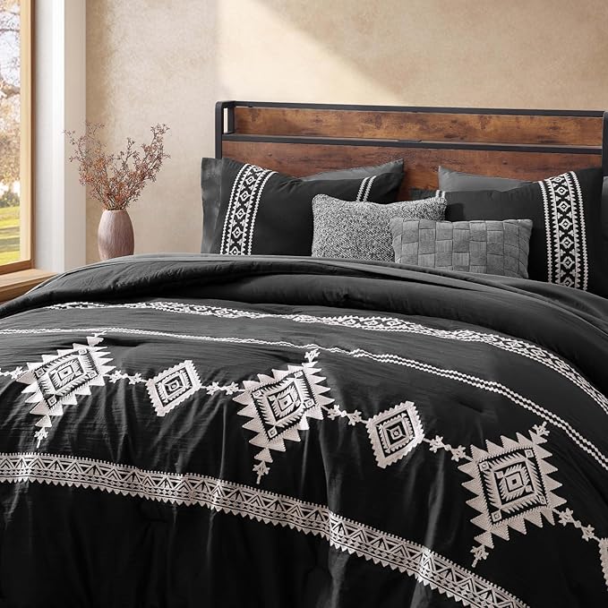 MaiRêve Embroidery Comforter Set, Boho Farmhouse Western Bedding Set, All Season Bed in A Bag Comforter Set with Sheets, Pillowcases & Shams, Black Oversized Queen 7 Pieces
