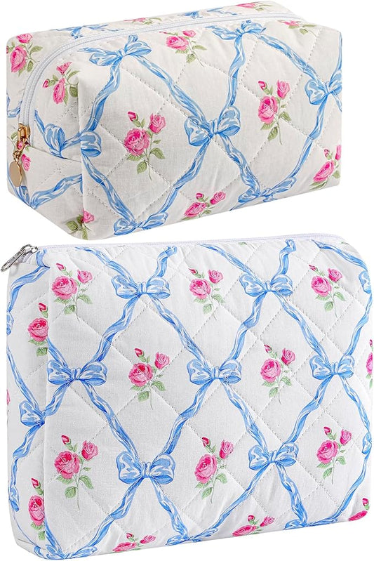HHQQWZ Makeup Bag Travel Cosmetic Bag for Women Girls, Zipper Make Up Pouch, Floral Flowers Toiletry Organizer Makeup, Portable Storage Bag, Cosmetic Travel Cloth Bag (2 Pack (L+S)/Blue Bowknot)