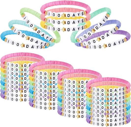 36 Pcs Happy 100th Day of School Bracelets Colorful Friendship Beads Bracelet for Boy Girl Kids Cute 100th Day Gifts Stretchy Acrylic Clay for School Supply Decor Student Rewards
