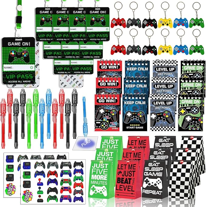 146 Pcs Video Game Party Favors, Gamer Party Favors -Ink Pen Notebook VIP Passes with Lanyards Slap Bracelets Keychains Bags Tattoo Stickers for Kids Gaming Party Favors Game On Birthday Party Favor