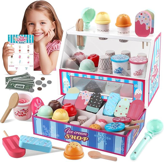 Ice Cream Toys, Wooden Ice Cream Play Set, Pretend Play Toys, 47 Pcs Wooden Play Kitchen Accessories with Menu & Scoop & Menu & Fake Money, Ice Cream Toys for Toddlers 3 4 5 6 Girls Boys Birthday