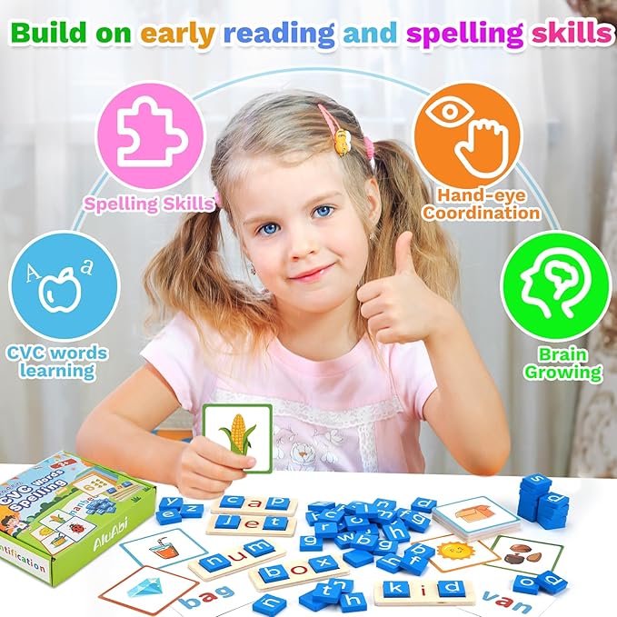 Wooden CVC Word Spelling Games, Sight Words Flash Cards Reading Letters for Beginner Preschool Learning Activities Montessori Educational Toy Gift for 3 4 5 6 Year Old Kids