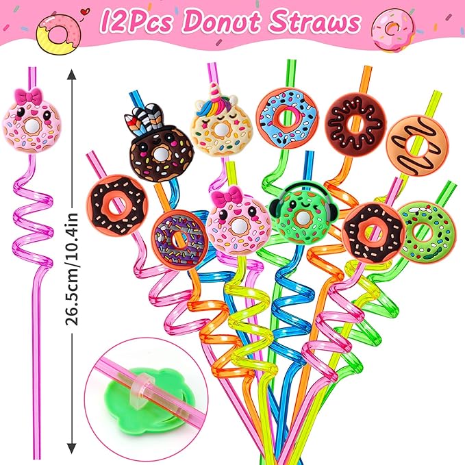 98 Donut Party Favors Two Sweet Birthday Party Supplies for Girls Kids Straw Bubble Silicone Bracelet Keychain Sticker Donut Themed Toy Gift Goodie Bag Stuffer Candyland Party Favors