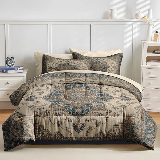 Comforter Set King Size, Medallion Oriental Vintage 7 Pcs Bedding for Kids and Adults, Floral Blue Bed Sheet Sets with Fitted Sheet 2 Pillowcases & 2 Shams for Bedroom Bed Decor
