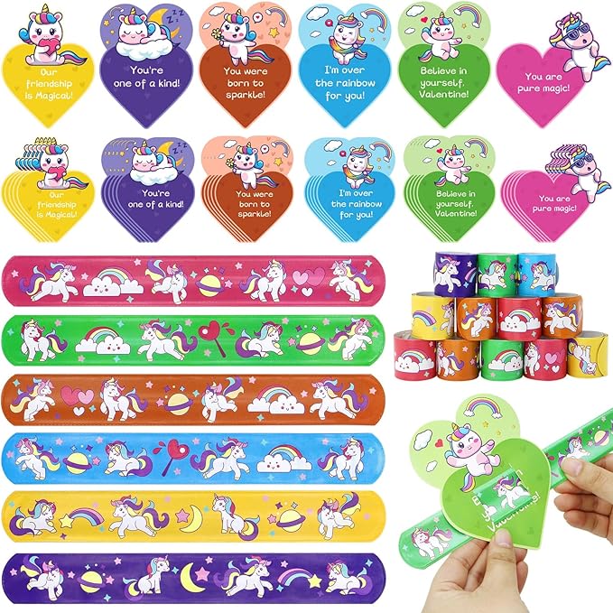 30 Pack Valentines Day Gifts for Kids, Unicorn Slap Bracelets Party Favor Set with Valentines Greeting Cards for Kids, Valentine's Day School Prize Party Favor, Classroom Exchange Gift