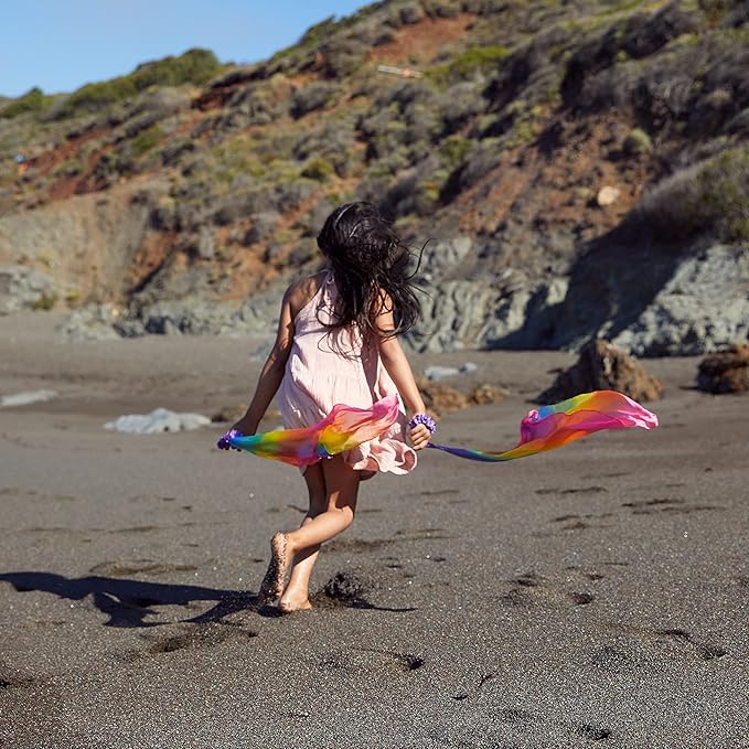 Sarah's Silks Wrist Streamers | 100% Silk Montessori and Waldorf Toys | Rhythm Ribbons for Dance, Imaginative, and Pretend Play | Includes 2 Pieces - Rainbow