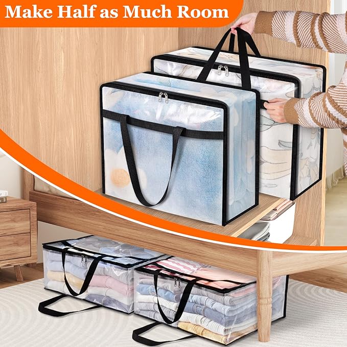 8 Pack Clear Storage Bags for Comforter, Clothes & Bedding, Plastic Blanket Storage with Zipper and Handle, Moving Bags, Closet Organizer and Under-Bed Storage (60L)
