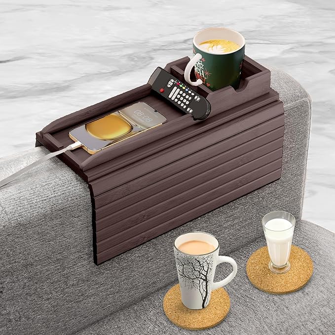Couch Cup Holder with 2 Cork Coasters | Couch Caddy with Detachable Tray | Anti-Slip Foldable Armrest Sofa Tray, Anti-Spill Holder for Remote, Snacks, Cellphone - Ideal Gift (Walnut)
