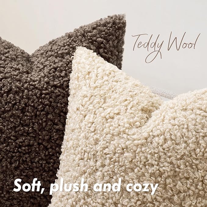 Woaboy Faux Fur Throw Pillow Covers 24x24 Inch Set of 2 Boucle Neutral Decorative Sherpa Fuzzy Accent Soft Sheepskin Fleece Cushions Euro Modern Home Decor for Couch Sofa Bedroom Living Room,Oatmeal