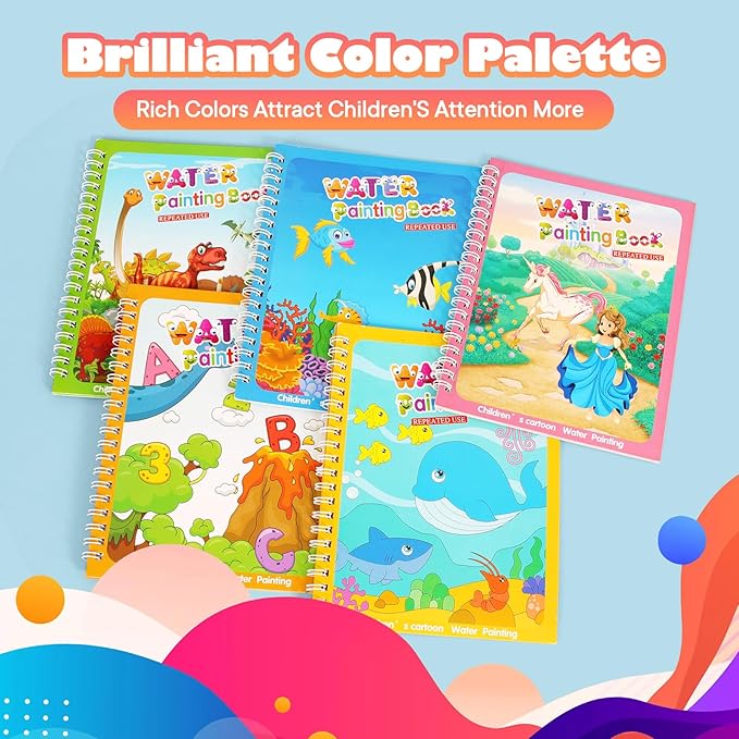 5 Pack Reusable Water Coloring Books for Toddlers, Water Doodle Book Toys, Paint with Water Books,Mess-Free Coloring Book, Portable Educational Doodle Drawing Toy, Educational Learning Kits Gifts