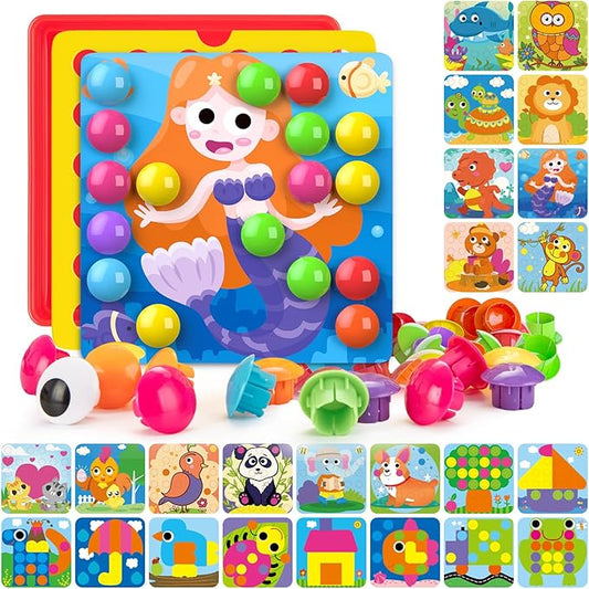 Geekper 96 PCS Button Art Toys for Toddlers, Color Matching Mosaic Pegboard Early Learning Educational Toys for 3, 4, 5, 6 Year Old Kids Boys and Girls Gifts, Including 24 Pictures and 72 Buttons