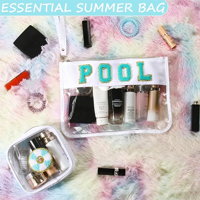 BuyCard 2 Pcs Pool Bag Cosmetic Makeup Bag with Chenille Letter Patch, Clear Pouch PVC Organizer Purse, Waterproof Travel Beach Bag, Portable Toiletry Storage Bag