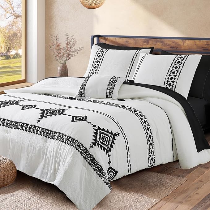 MaiRêve Embroidery Comforter Set King Size 7 Pieces, Boho Farmhouse Western Bedding All Season Bed in A Bag, White Black King Comforter Set with Sheets, Pillowcases & Shams