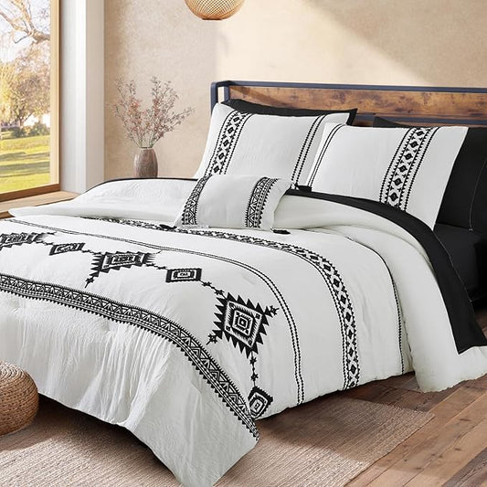 MaiRêve Embroidery Comforter Set Queen Size - 7 Piece, White Boho Western Bedding All Season Bed in A Bag, Farmhouse Queen Comforter Set with Sheets, Pillowcases & Shams