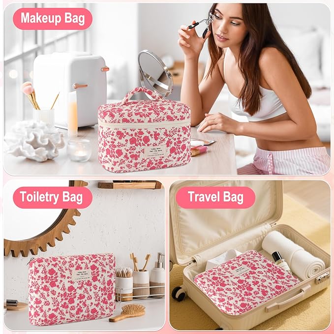 URSKYTOUS 3Pcs Cotton Quilted Makeup Bag for Women Large Small Travel Cosmetic Bag Set Cute Pink Floral Print Makeup Pouch for Purse Portable Skincare Bags Coquette Vintage Puffy Travel Essential