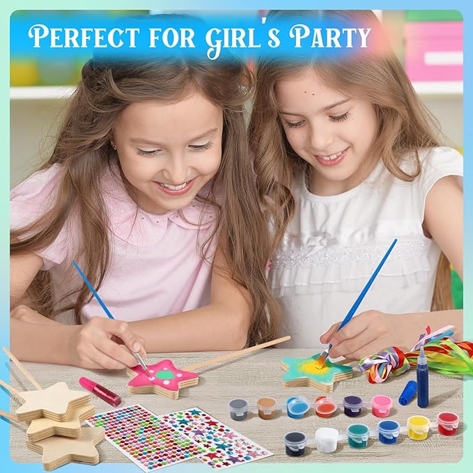 Byncceh 12 Sets Make Your Own Wooden Princess Wand Craft Kit, Fairy Wands Kit Include Fairy Wands, Gems Stickers, Paint & Ribbons Decorate Art DIY Magical Show for Party Supplies for Girls Gifts