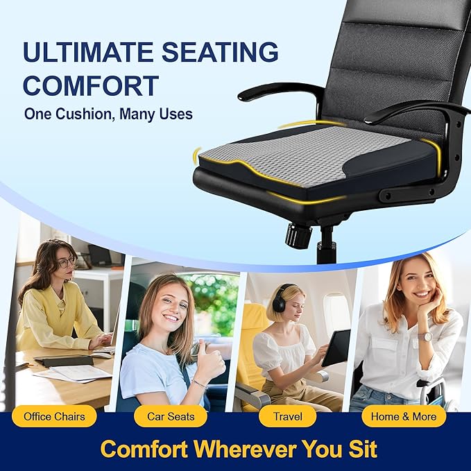 kingphenix Car Seat Cushion – Memory Foam Pad for Driving Comfort – Boosts Height and Relieves Coccyx & Lower Back Pain – Car, Truck, Office Chair (Leather Black & 4D Mesh Gray)