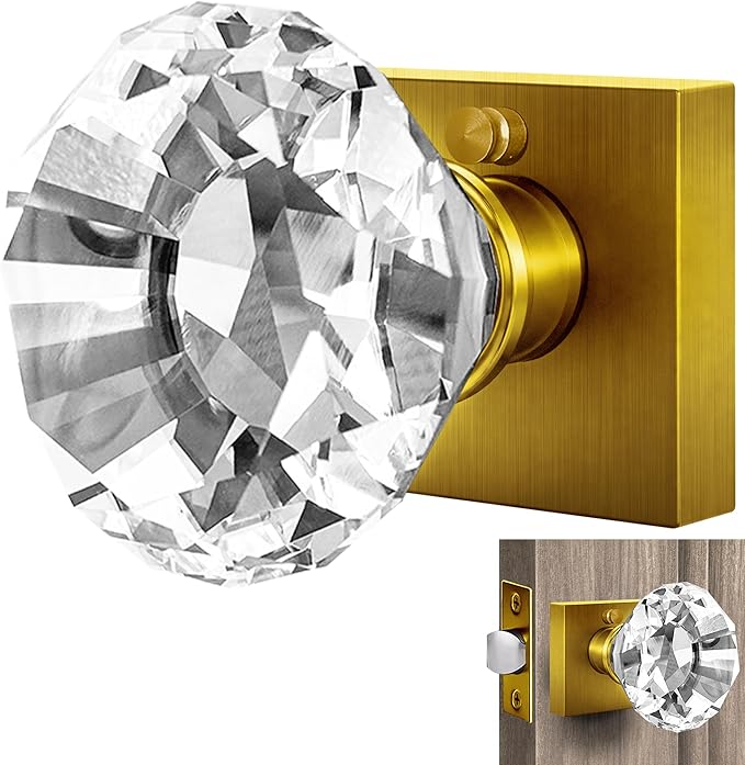 Antique Brass Crystal Door Knobs with Lock, Square Base, Glass Door Knobs Interior Privacy Set, Brass Vintage Decorative Antique Style Handle for Bedroom, Bathroom, Closet, 1 Pack
