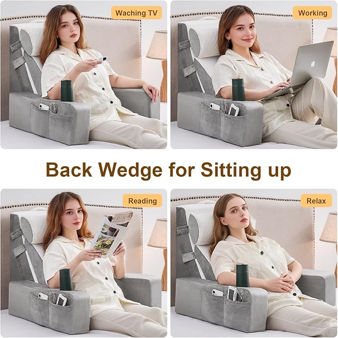 5pcs Reading Pillow for Adults Sitting in Bed – Back Pillow for Bed Sitting Up with Arms, Pockets & Cup Holder, Sit-Up Backrest Pillow for Beds & Chair Use, Beds Rest Pillows for Gaming, Watching TV