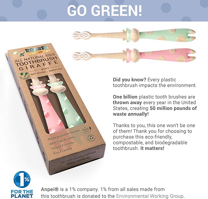 ROARex® All-Natural Eco Friendly Kids Toothbrush Made from Plants - Giraffe 4-36m - Baby to Toddler - Rose/Mint - 4pk | 1% for The Planet Product