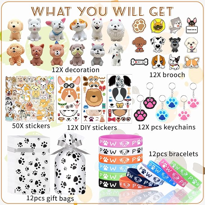 122Pcs Dog Party Favors Gift Set for Kids Dog Birthday Party Supplies Include 12 Dog DIY Face Stickers 12 Dog Bags 12 Keychains 12 Bracelets 50 Stickers for Puppy Party Favors