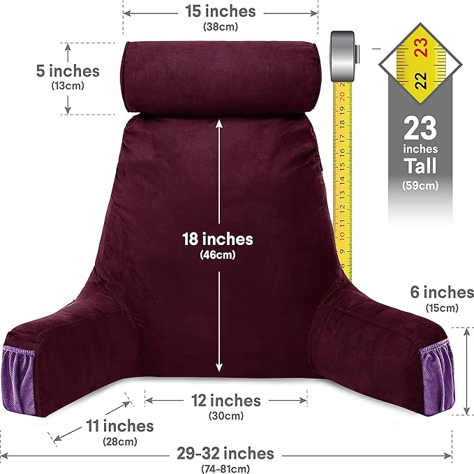 Husband Pillow Medium Aspen Edition Mauve Purple, Sit Up Reading & Bed Rest with Arms, Ultra-Comfy, Detach Neck Roll - Premium Shredded Memory Foam Backrest, Reverses to Micro: Suede or Plush