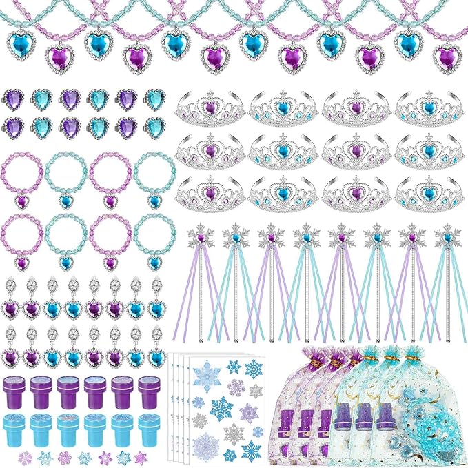 Cholemy 12 Sets Snowflake Wand and Crown Princess Goodie Bags Stuffers Fillers Blue Purple Snowflakes Birthday Supplies with Bracelet Necklace Earrings Rings Tattoo Stamp Silver Heart Jewelry