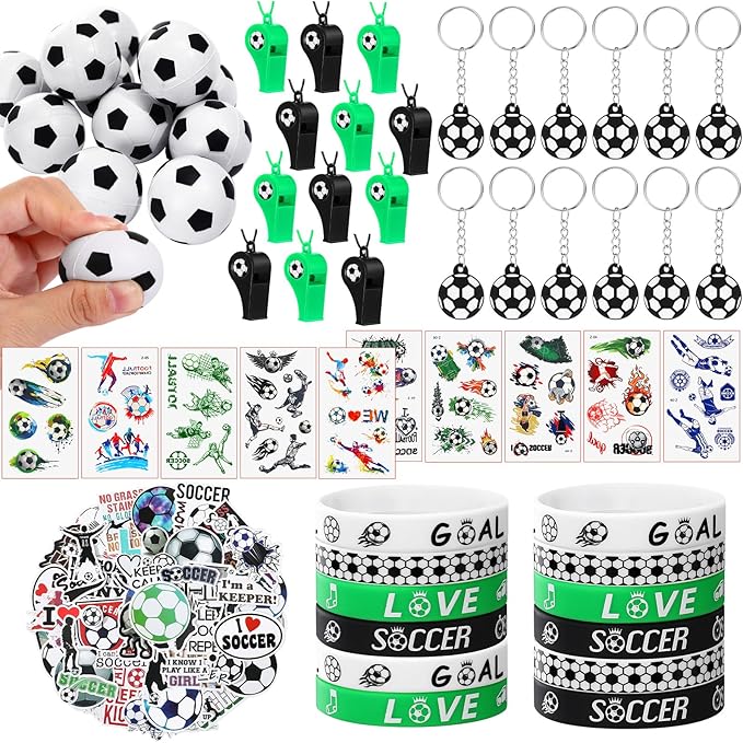 Aoriher 108 Pcs Soccer Party Favors Set Soccer Party Themed Goodie Bag Fillers Mini Soccer Balls Whistle Silicone Bracelet Tattoo Sticker Temporary Keychain for Sport Party Supplies