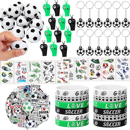 Aoriher 108 Pcs Soccer Party Favors Set Soccer Party Themed Goodie Bag Fillers Mini Soccer Balls Whistle Silicone Bracelet Tattoo Sticker Temporary Keychain for Sport Party Supplies