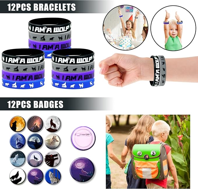 48 PCS Wolf Party Favors, Wolf Birthday Party Favors with 12 Wolf Button Pins, 12 Mini Notebooks, 12 Stampers and 12 Rubber Bracelets for Birthday Party Baby Shower Holiday