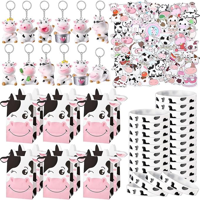 122 Pcs Cow Party Favors Supplies Include Cow Keychains Cow Silicone Bracelets Cow Party Paper Bags Treat Bags Cow Vinyl Stickers for Girls Kids Cow Farm Animals Cowboy Birthday Party Supplies