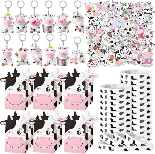 86 Pcs Cow Party Favors Supplies Include Cow Keychains Cow Silicone Bracelets Cow Party Paper Bags Treat Bags Cow Vinyl Stickers for Girls Kids Cow Farm Animals Cowboy Birthday Party Supplies