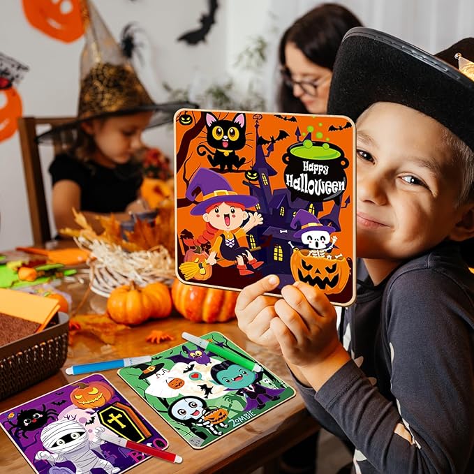 Halloween Wooden Puzzles for Toddlers Halloween Puzzles Coloring Craft Kits for Kids Boys Girls Montessori Toys Halloween Party Favors Treat Bag Gifts Educational Learning Jigsaw Puzzle, 3 Pack