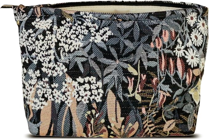 HAPPYHEIDI Cute Floral Makeup Bag Cosmetic Travel Pouch with Bottom and Zipper, Purse Make Up Organizer, Aesthetic Textured Fabric, Large