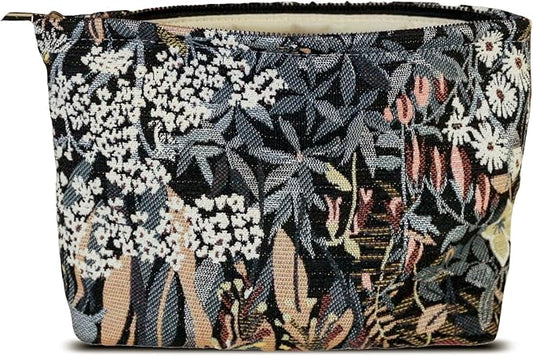 HAPPYHEIDI Cute Floral Makeup Bag Cosmetic Travel Pouch with Bottom and Zipper, Purse Make Up Organizer, Aesthetic Textured Fabric, Large