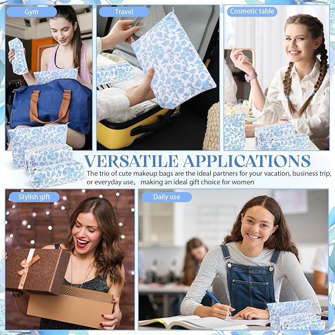 Huhumy 3 Pcs Makeup Bag Set for Women Corduroy Cosmetic Pouch Aesthetic Smile Travel Toiletry Bag Cute Purse Pouch Pencil Case Makeup Brushes Storage Organizer for Valentine(Blue,Flower)