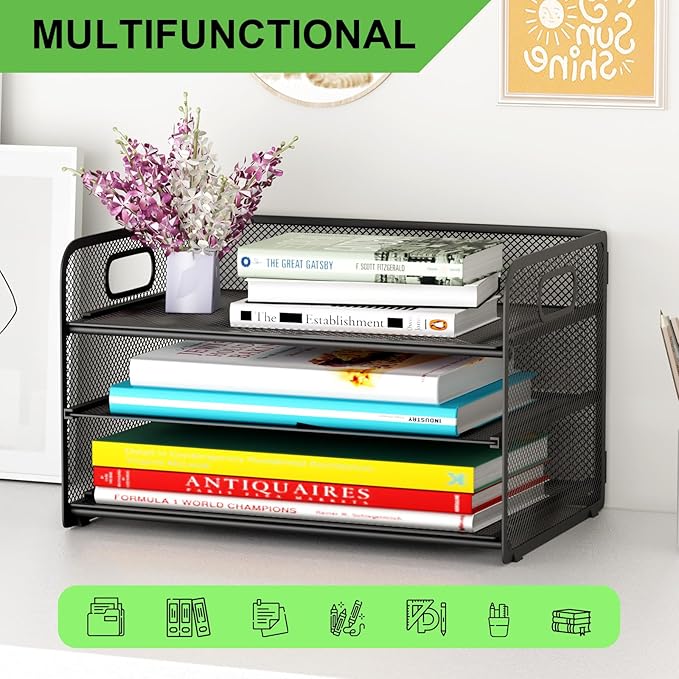 3 Tier Paper Letter Tray Organizer for Desk, Mesh File Folder Document Organizer with Handle for Home Office Supplies Desktop Accessories, Black
