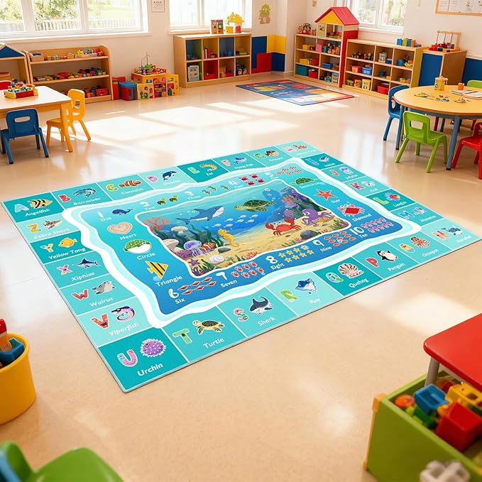 ABC Kids Ocean Rug for Playroom, 4x6ft Alphabet Classroom Rug, Educational Kids Play Mat with Number Shape Animal, Learning Area Rug for Nursery Bedroom Kidsroom, Colorful Non-Slip Washable