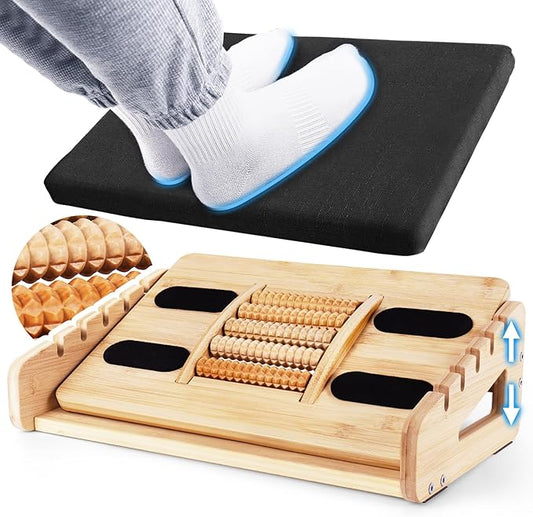 Ergonomic Bamboo Foot Rest for Under Desk, Dual Side Footrest with Reflexology Massager Roller, 5 Heights Adjustable Foot Stool, Ergonomic Leg Support to Relieve Lumbar, Back, and Knee Pain