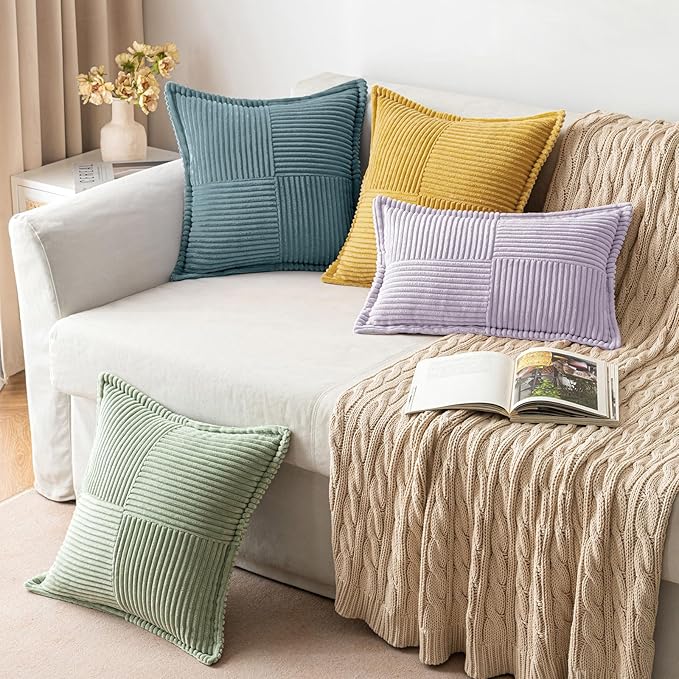 MIULEE Decorative Throw Pillow Covers for Couch Bed Livingroom 18x18 Inch Set of 2 Purple Boho Accent Throw Pllows Broadside Striped Patchwork Soft Corduroy Pillowcases