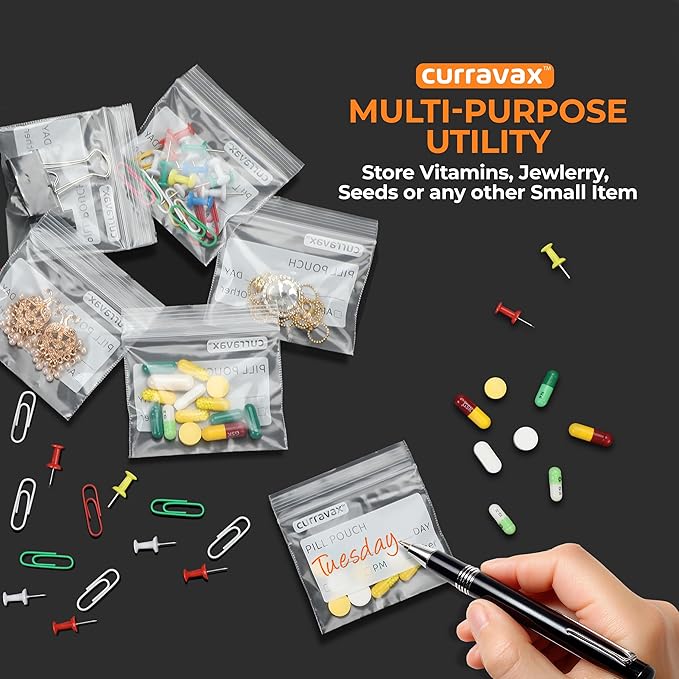 CURRAVAX Pill Pouch Bags for Travel Pack of 400 - BPA Free 3 x 2.75 inch Pill Pouch - Pill Pouches for Medicine with Write on Label –Clear Ziplock Pill Baggies for Travel Medicine Organizer