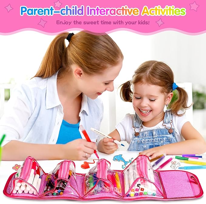 beefunni Unicorn Washable Markers Set 48 pcs with Glitte Pencil Case, Art Supplies for Kids Ages 4-6-8, Arts Crafts Coloring Set with Unicorn Stickers - Birthday Gifts for Girls 4 5 6 7 8 9 Year Old