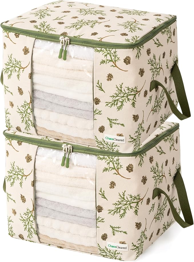 Canvas Storage Bags Designer Organizer 2 Pack – Seasonal Storage for Sweaters, Blankets, Linens & Garments – Foldable Design with Zip & Window, Moth-Proof Space Saver, Mistletoe Print