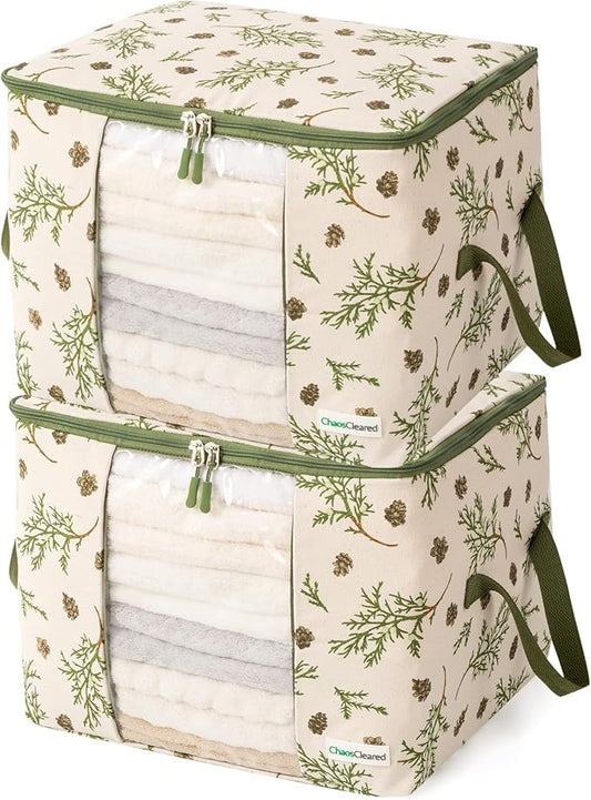 Canvas Storage Bags Designer Organizer 2 Pack – Seasonal Storage for Sweaters, Blankets, Linens & Garments – Foldable Design with Zip & Window, Moth-Proof Space Saver, Mistletoe Print